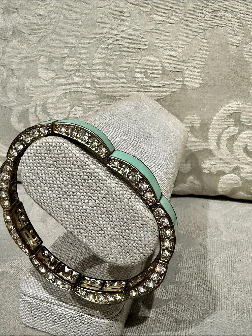 Vintage Mint Green Enamel & Crystal Rhinestone Stretch Bracelet